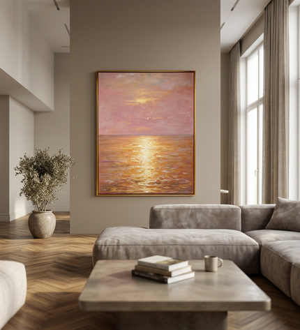 Golden Horizon hand-painted landscape painting displayed in a spacious open-plan living room