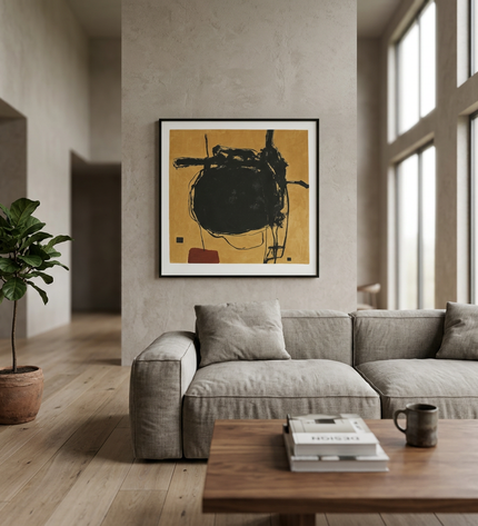 Obsidian Orbit hand-painted abstract painting displayed in a spacious open-plan living room