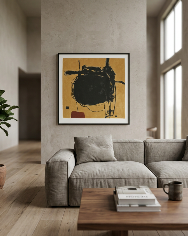 Obsidian Orbit hand-painted abstract painting displayed in a spacious open-plan living room