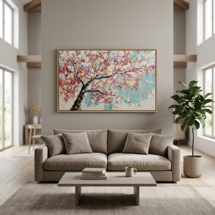 Cherry Sky hand-painted landscape painting displayed in a spacious open-plan living room