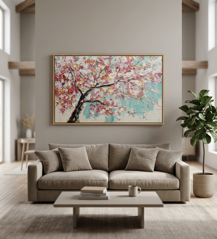 Cherry Sky hand-painted landscape painting displayed in a spacious open-plan living room
