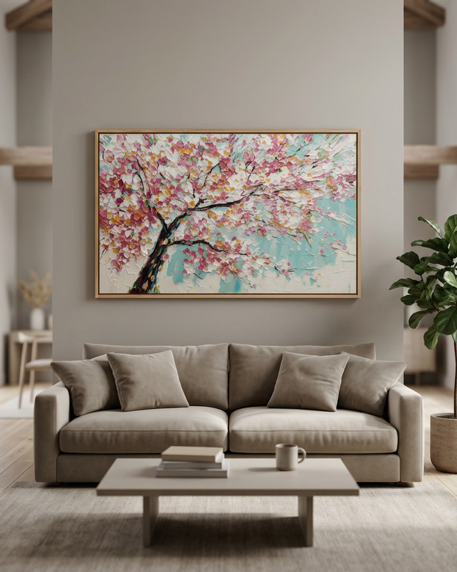 Cherry Sky hand-painted landscape painting displayed in a spacious open-plan living room