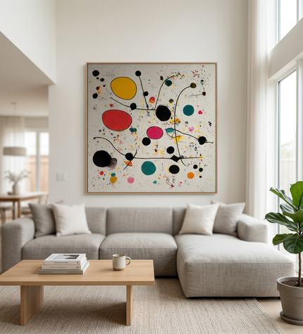Molecules of Happiness hand-painted contemporary painting displayed in a spacious open-plan living room
