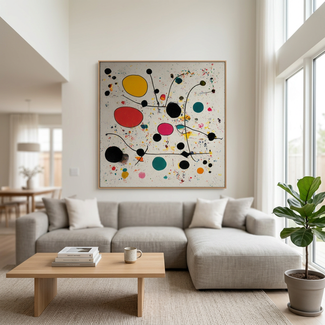 Molecules of Happiness hand-painted contemporary painting displayed in a spacious open-plan living room