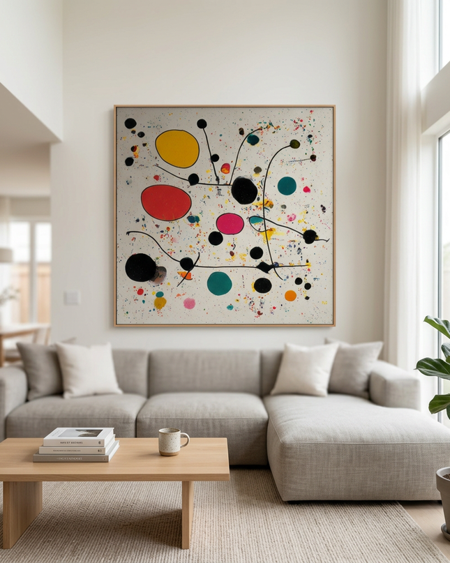 Molecules of Happiness hand-painted contemporary painting displayed in a spacious open-plan living room