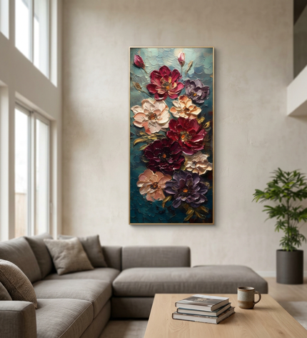 Moonlit Bouquet hand-painted floral painting displayed in a spacious open-plan living room