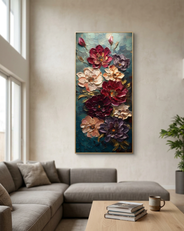 Moonlit Bouquet hand-painted floral painting displayed in a spacious open-plan living room