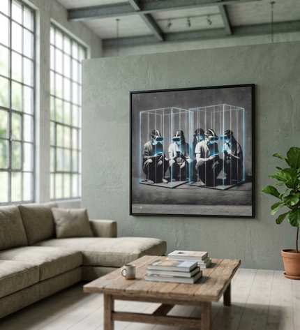 Pixel Cage hand-painted cityscape painting displayed in a spacious open-plan living room