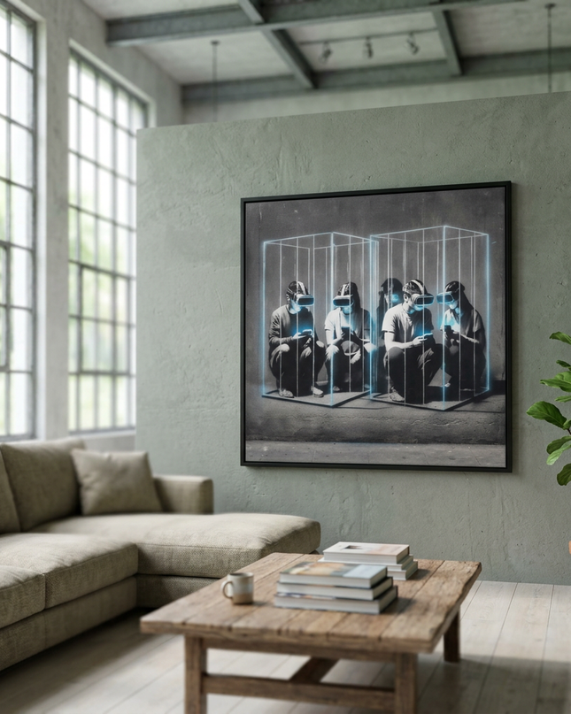 Pixel Cage hand-painted cityscape painting displayed in a spacious open-plan living room