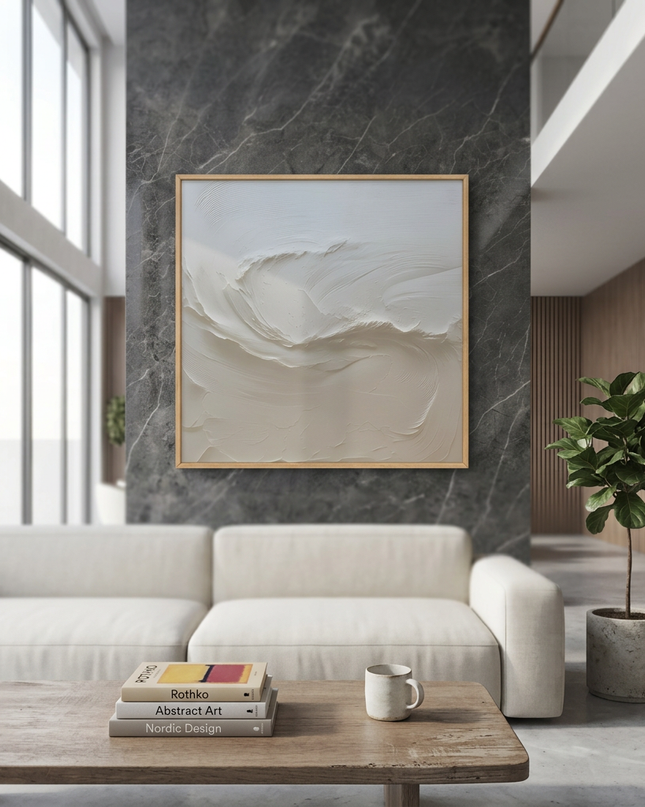 Lunar Tides hand-painted landscape painting displayed in a spacious open-plan living room