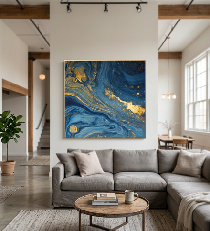 Ocean of Stars hand-painted landscape painting displayed in a spacious open-plan living room