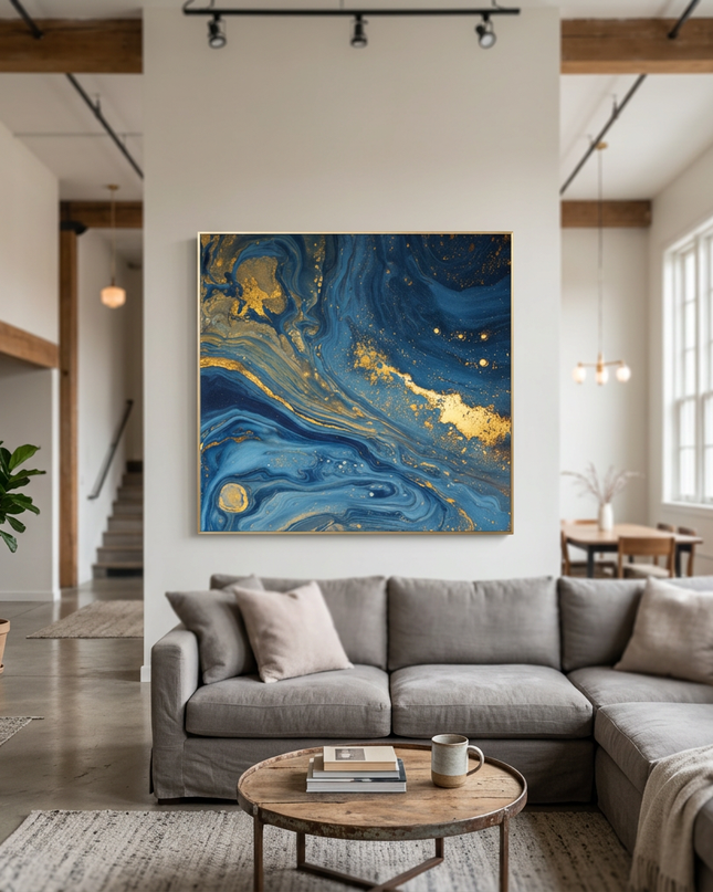 Ocean of Stars hand-painted landscape painting displayed in a spacious open-plan living room