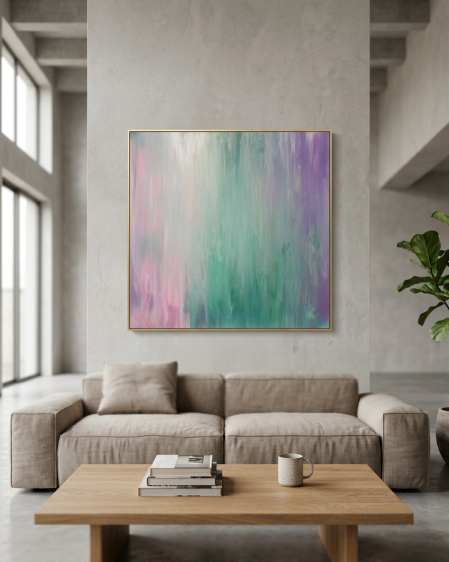 Northern Colors hand-painted contemporary painting displayed in a spacious open-plan living room