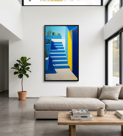 Mediterranean Gate hand-painted abstract painting displayed in a spacious open-plan living room