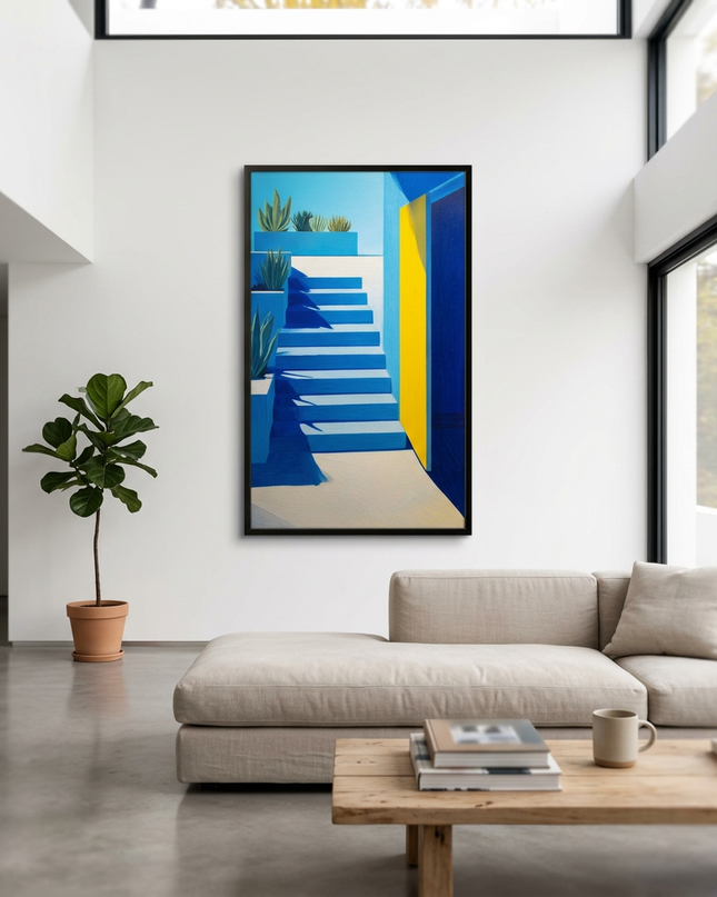Mediterranean Gate hand-painted abstract painting displayed in a spacious open-plan living room