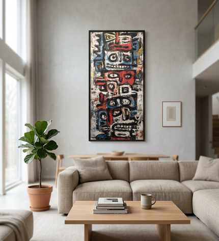 Festival Spirits hand-painted cityscape painting displayed in a spacious open-plan living room