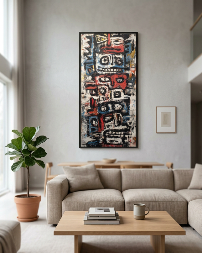 Festival Spirits hand-painted cityscape painting displayed in a spacious open-plan living room