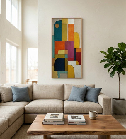 Urban Mosaic hand-painted abstract painting displayed in a spacious open-plan living room