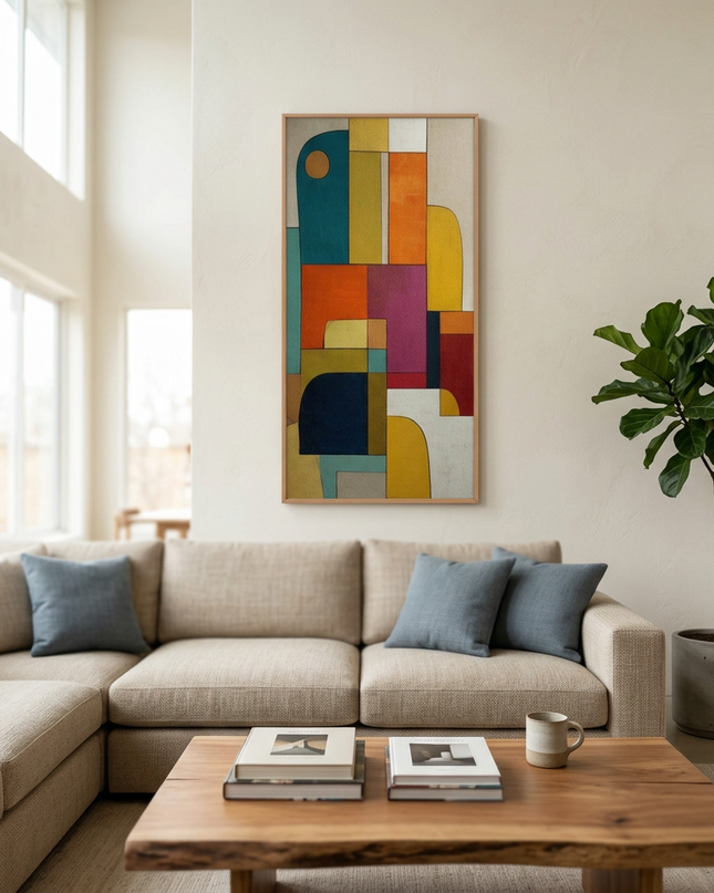 Urban Mosaic hand-painted abstract painting displayed in a spacious open-plan living room