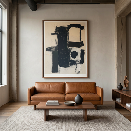 Monochrome Balance hand-painted abstract painting displayed in a contemporary living room