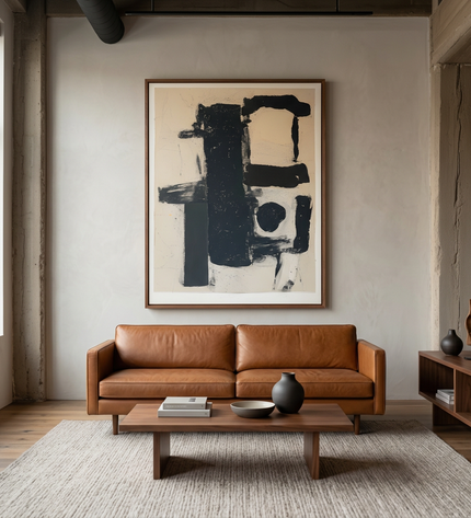 Monochrome Balance hand-painted abstract painting displayed in a contemporary living room