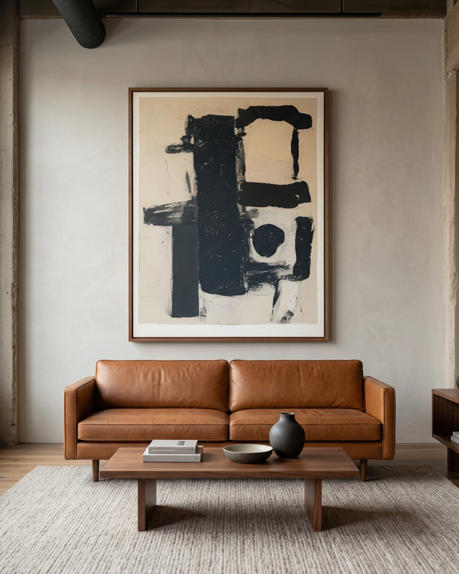 Monochrome Balance hand-painted abstract painting displayed in a contemporary living room
