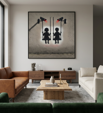 Surveillance Playground hand-painted figurative painting displayed in a contemporary living room