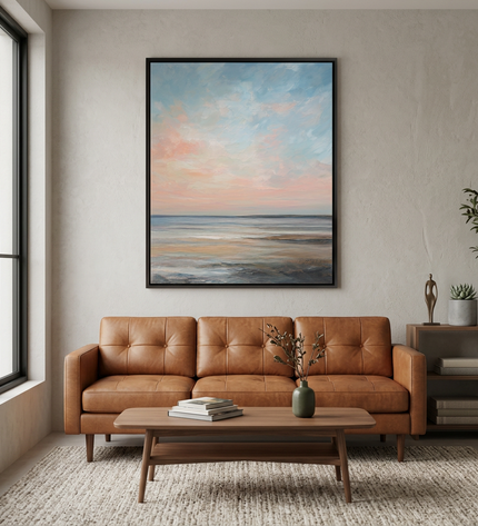 Tranquil Waters hand-painted landscape painting displayed in a contemporary living room