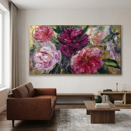 Rhapsody in Petals hand-painted floral painting displayed in a contemporary living room