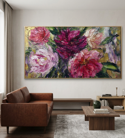 Rhapsody in Petals hand-painted floral painting displayed in a contemporary living room
