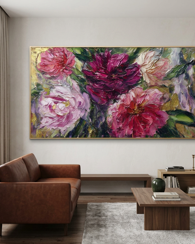Rhapsody in Petals hand-painted floral painting displayed in a contemporary living room