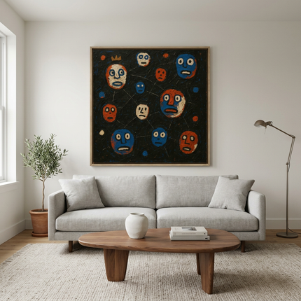 Cosmic Conversations hand-painted figurative painting displayed in a contemporary living room