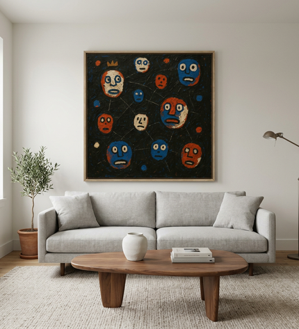Cosmic Conversations hand-painted figurative painting displayed in a contemporary living room