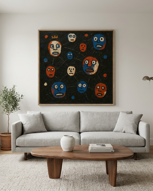Cosmic Conversations hand-painted figurative painting displayed in a contemporary living room