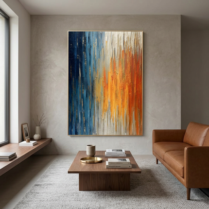 Andromeda Blaze hand-painted abstract painting displayed in a contemporary living room