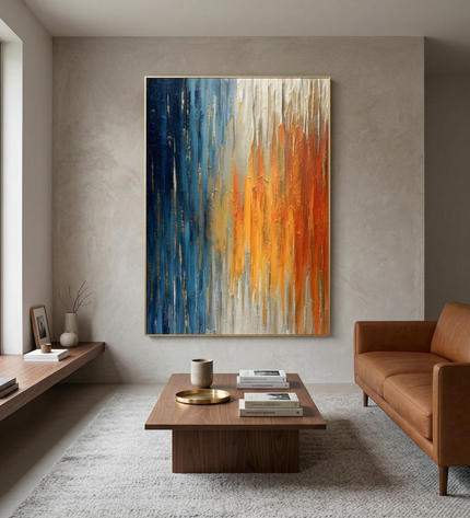 Andromeda Blaze hand-painted abstract painting displayed in a contemporary living room