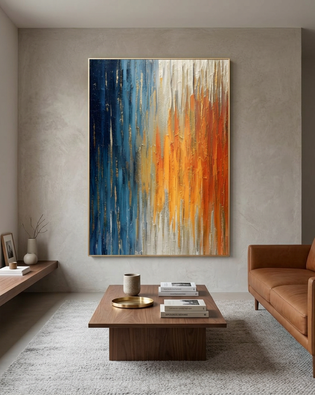 Andromeda Blaze hand-painted abstract painting displayed in a contemporary living room