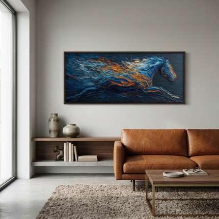 Bluefire Stallion hand-painted abstract painting displayed in a contemporary living room