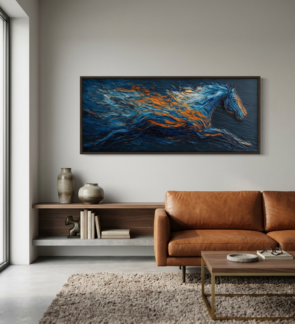 Bluefire Stallion hand-painted abstract painting displayed in a contemporary living room