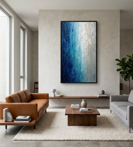 Silver Tide hand-painted landscape painting displayed in a contemporary living room