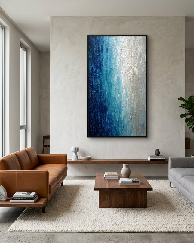 Silver Tide hand-painted landscape painting displayed in a contemporary living room