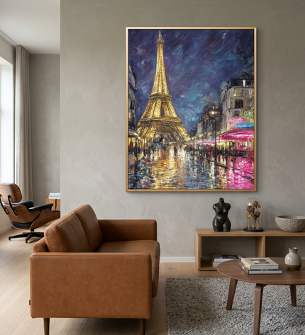 Love in Paris hand-painted cityscape painting displayed in a contemporary living room