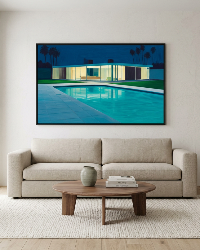 Glass House Dreams hand-painted landscape painting displayed in a contemporary living room