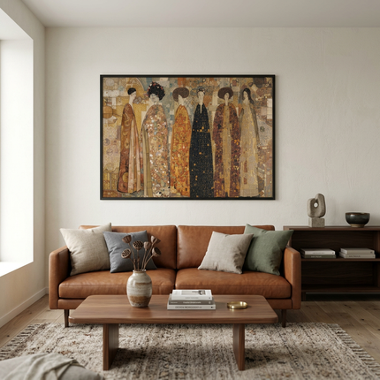 The Imperial Gathering hand-painted figurative painting displayed in a contemporary living room