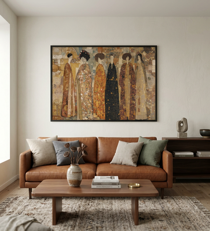 The Imperial Gathering hand-painted figurative painting displayed in a contemporary living room