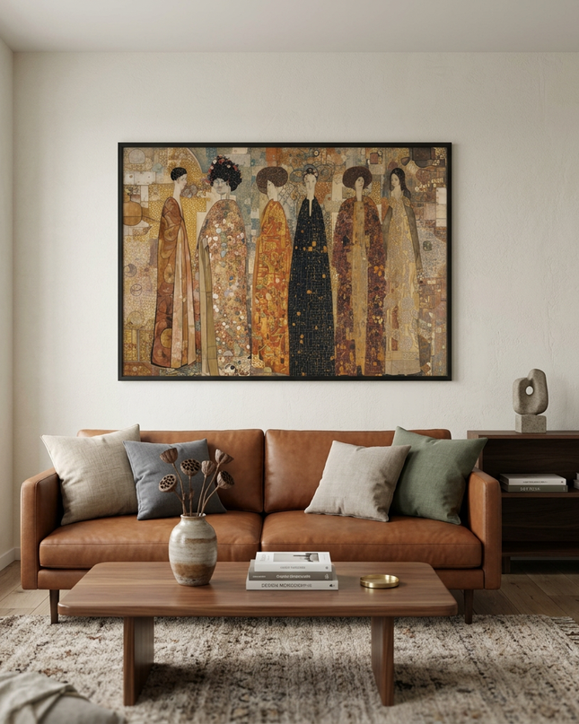 The Imperial Gathering hand-painted figurative painting displayed in a contemporary living room