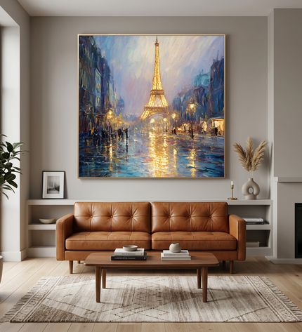 Midnight in Paris hand-painted cityscape painting displayed in a contemporary living room