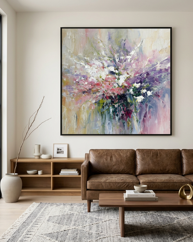 Spring Sonata hand-painted floral painting displayed in a contemporary living room