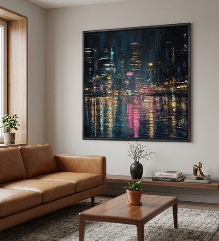 Metropolitan Pulse hand-painted landscape painting displayed in a contemporary living room
