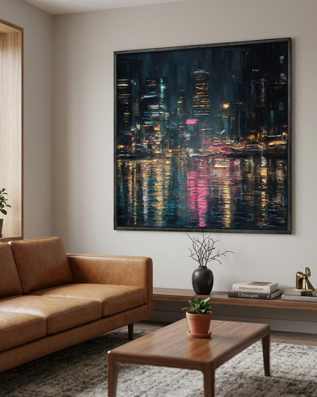 Metropolitan Pulse hand-painted landscape painting displayed in a contemporary living room